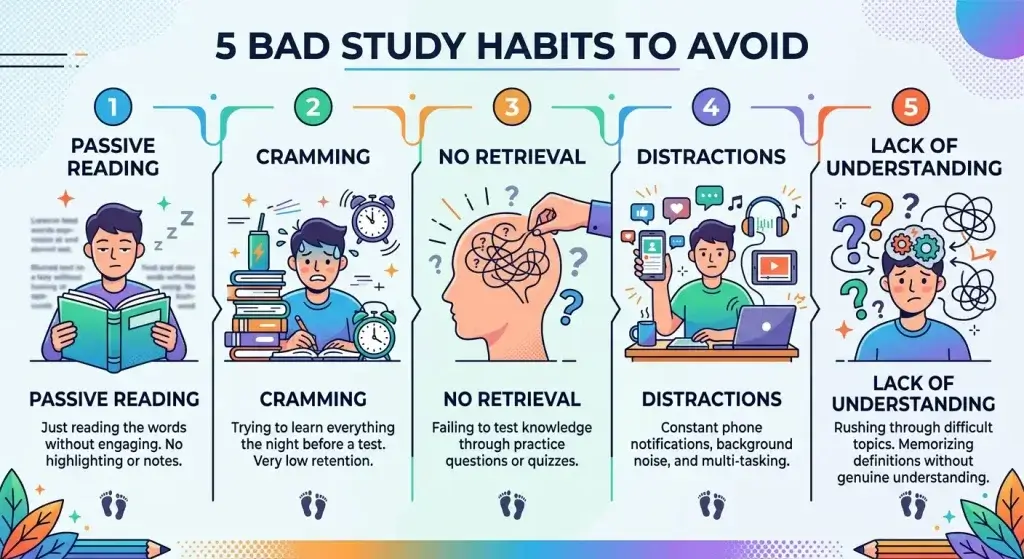 Infographic showing five reasons students forget what they study: passive reading, cramming, no retrieval, distractions, lack of understanding