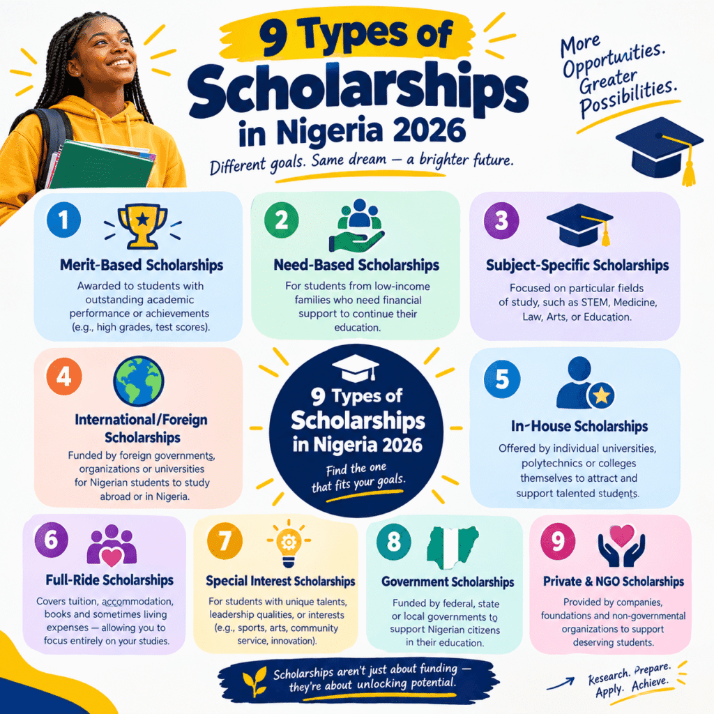 Infographic: 9 types of scholarships in Nigeria 2026 - merit-based, need-based, subject-specific, international, in-house, full-ride, special interest, government, private and NGO scholarship