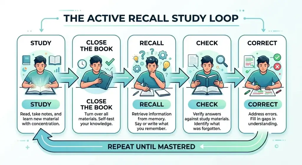 Active recall study loop diagram: study, close the book, recall, check, correct