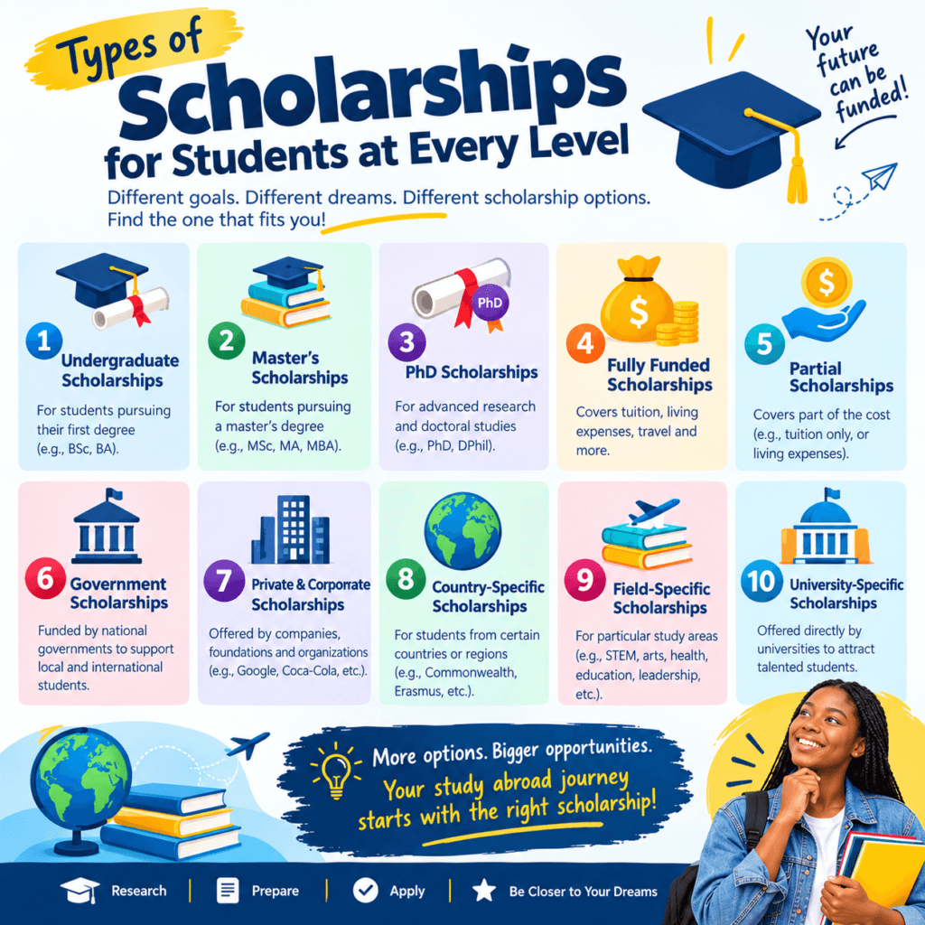 Types of study abroad scholarships — undergraduate, masters, PhD, fully funded, government, and university scholarships