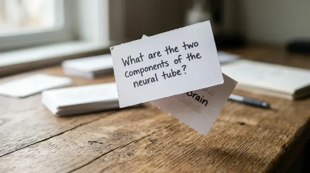 Flashcard with a study question sitting on a wooden desk