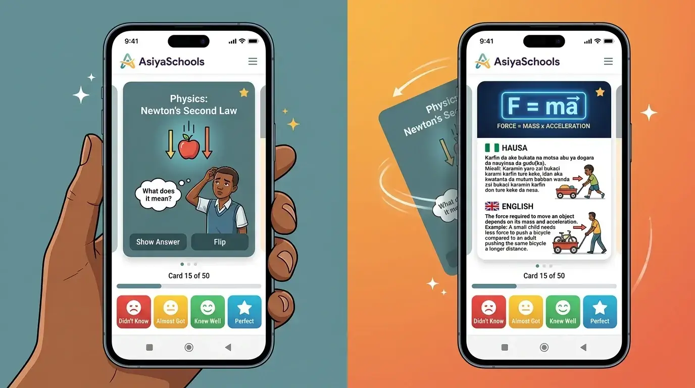 Screenshot-style mockup or illustration of a flashcard flipping