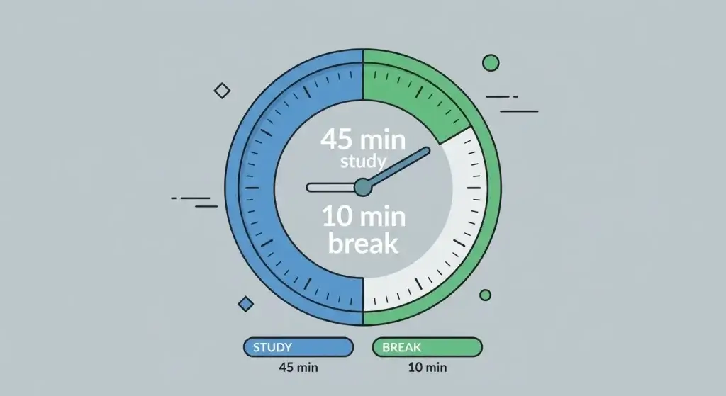 Clock icon showing 45-minute study session and 10-minute break timer
