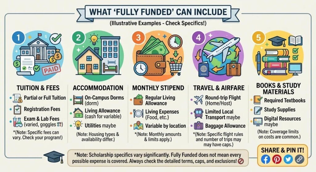What fully funded scholarship covers - tuition, accommodation, stipend, travel, and study materials, with coverage varying by program