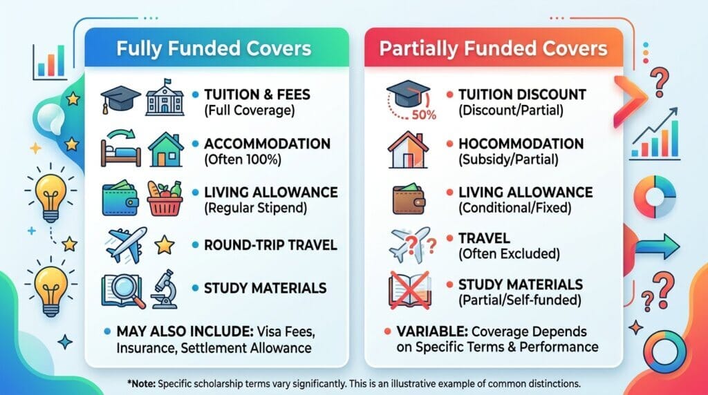 Fully funded vs partially funded scholarship coverage comparison — tuition, accommodation, travel, living allowance