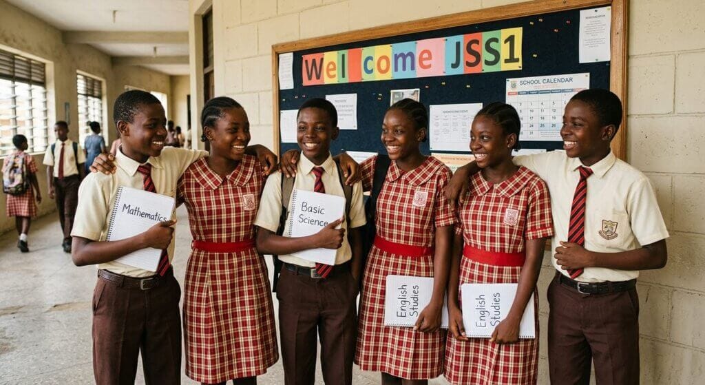 Nigerian JSS1 secondary school students smiling together with Mathematics, Basic Science, and English Studies notebooks