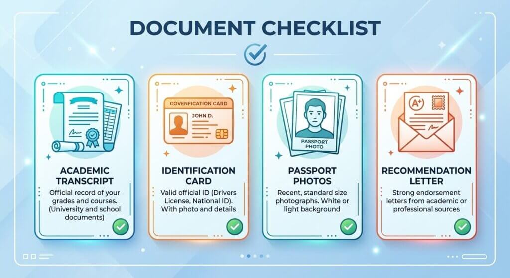 Nigerian scholarship application document checklist - academic transcript, identification card, passport photos, recommendation letter