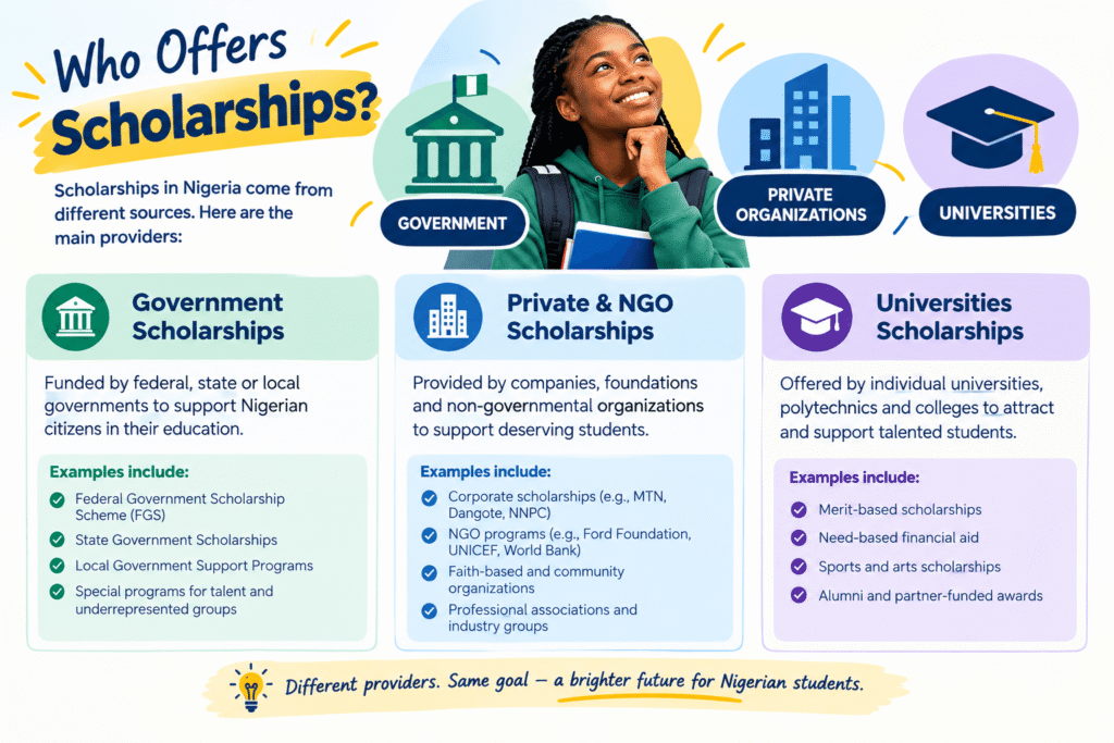 Infographic: who offers scholarships in Nigeria - government, private and NGO organizations, and universities